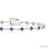 1 MM Round Cut Sapphire Clover and Bead Ball Link Precious Tennis Bracelet in 14K White Gold