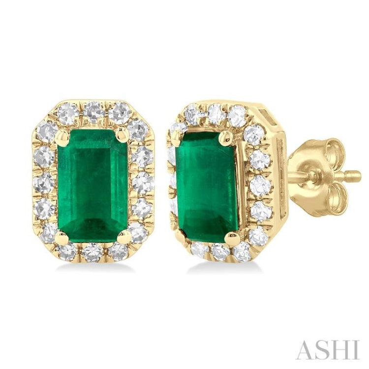 5x3 MM Octagonal Shape Emerald and 1/8 Ctw Single Cut Diamond Halo Precious Stud Earrings in 10K Yellow Gold