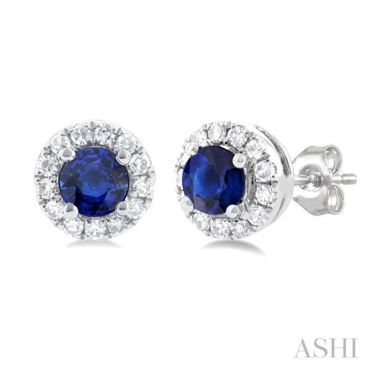 3.25 MM Round Sapphire and 1/10 Ctw Single Cut Diamond Halo Precious Stud Earrings in 14K White Gold