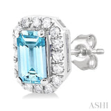 5x3 MM Octagonal Shape Aquamarine and 1/8 Ctw Single Cut Diamond Halo Semi-Precious Stud Earrings in 10K White Gold