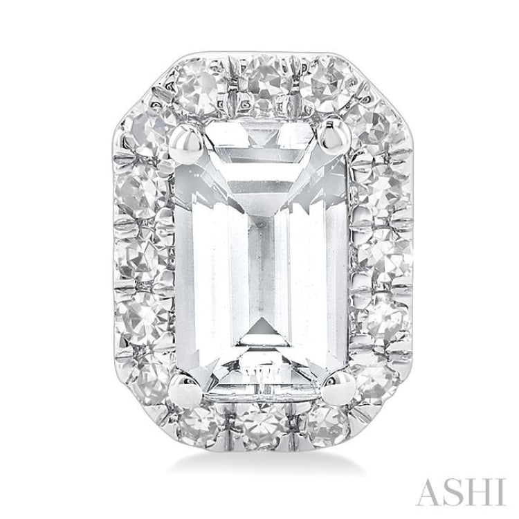 5x3 MM Octagonal Shape White Topaz and 1/8 Ctw Single Cut Diamond Halo Semi-Precious Stud Earrings in 10K White Gold