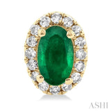 5x3 MM Oval Shape Emerald and 1/8 Ctw Single Cut Diamond Halo Precious Stud Earrings in 10K Yellow Gold