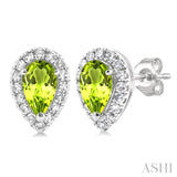 5x3 MM Pear Shape Peridot and 1/8 Ctw Single Cut Diamond Halo Semi-Precious Stud Earrings in 10K White Gold