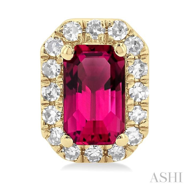 5x3 MM Octagonal Shape Pink Tourmaline and 1/8 Ctw Single Cut Diamond Halo Semi-Precious Stud Earrings in 14K Yellow Gold