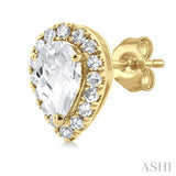 5x3 MM Pear Shape White Topaz and 1/8 Ctw Single Cut Diamond Halo Semi-Precious Stud Earrings in 10K Yellow Gold