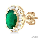 5x3 MM Oval Shape Emerald and 1/8 Ctw Single Cut Diamond Halo Precious Stud Earrings in 14K Yellow Gold