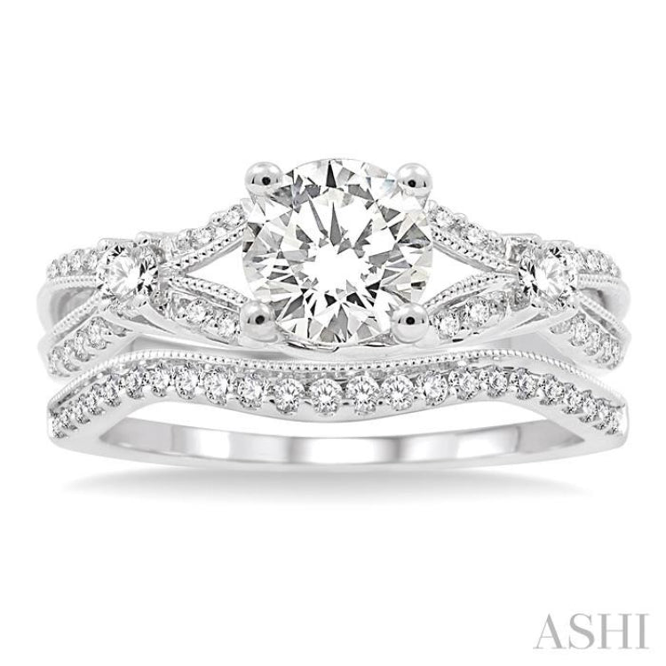 1 ctw Diamond Wedding Set with 7/8 ctw Round Cut Engagement Ring and 1/6 ctw Wedding Band in 14K White Gold