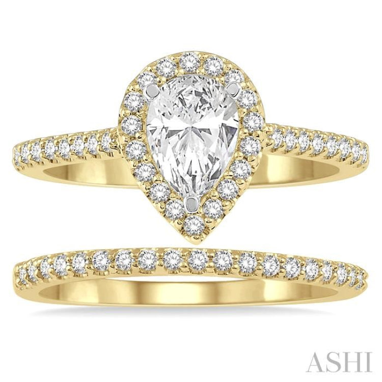 7/8 Ctw Diamond Wedding Set With 3/4 Ctw Pear Cut Engagement Ring and 1/6 Ctw Wedding Band in 14K Yellow and White Gold