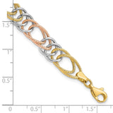 14k Tri-color Polished and Textured 8.5mm Fancy Double Link 7.25 inch Bracelet