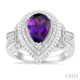 10X7 MM Pear Cut Amethyst and 1/20 Ctw Round Cut Diamond Semi-Precious Ring in Sterling Silver