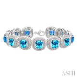 7 MM Oval Shape Blue Topaz and 1/10 Ctw Single Cut Diamond Semi-Precious Bracelet in Sterling Silver