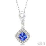 4x4 MM Cushion Shape Tanzanite and 1/10 Ctw Round Cut Diamond Pendant in 10K White Gold with Chain
