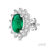 5x3 MM Oval Cut Center Emerald and 1/5 Ctw Round Cut Diamond Sunflower Precious Earrings in 10K White Gold