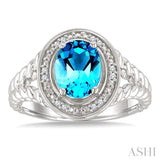 9x7 MM Oval Shape Blue Topaz and 1/20 Ctw Single Cut Diamond Semi-precious Ring in Sterling Silver