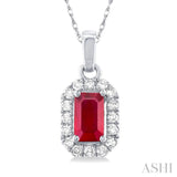 5x3 MM Octagonal Shape Ruby and 1/20 Ctw Single Cut Diamond Halo Precious Pendant with Chain in 10K White Gold