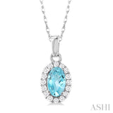 5x3 MM Oval Shape Aquamarine and 1/20 Ctw Single Cut Diamond Halo Semi-Precious Pendant with Chain in 10K White Gold