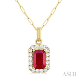 6x4 MM Octagonal Shape Ruby and 1/6 Ctw Round Cut Diamond Halo Precious Pendant with Chain in 10K Yellow Gold