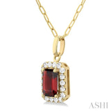 6x4 MM Octagonal Shape Garnet and 1/6 Ctw Round Cut Diamond Halo Semi-Precious Pendant with Chain in 14K Yellow Gold