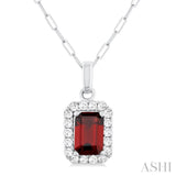 6x4 MM Octagonal Shape Garnet and 1/6 Ctw Round Cut Diamond Halo Semi-Precious Pendant with Chain in 14K White Gold