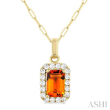 6x4 MM Octagonal Shape Citrine and 1/6 Ctw Round Cut Diamond Halo Semi-Precious Pendant with Chain in 14K Yellow Gold