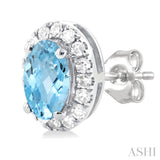 5x3 MM Oval Shape Aquamarine and 1/8 Ctw Single Cut Diamond Halo Semi-Precious Stud Earrings in 14K White Gold