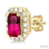 5x3 MM Octagonal Shape Pink Tourmaline and 1/8 Ctw Single Cut Diamond Halo Semi-Precious Stud Earrings in 14K Yellow Gold