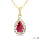 6x4 MM Pear Shape Ruby and 1/6 Ctw Round Cut Diamond Halo Precious Pendant with Chain in 14K Yellow Gold