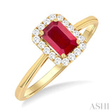 6x4 MM Octagonal Shape Ruby and 1/6 Ctw Round Cut Diamond Halo Precious Ring in 14K Yellow Gold