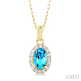 5x3 MM Oval Shape Blue Topaz and 1/20 Ctw Single Cut Diamond Halo Semi-Precious Pendant with Chain in 10K Yellow Gold