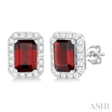 6x4 MM Octagonal Shape Garnet and 1/4 Ctw Round Cut Diamond Halo Semi-Precious Stud Earrings in 14K White Gold