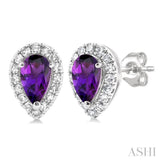 5x3 MM Pear Shape Amethyst and 1/8 Ctw Single Cut Diamond Halo Semi-Precious Stud Earrings in 10K White Gold