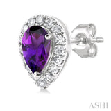 5x3 MM Pear Shape Amethyst and 1/8 Ctw Single Cut Diamond Halo Semi-Precious Stud Earrings in 10K White Gold