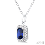 6x4 MM Octagonal Shape Sapphire and 1/6 Ctw Round Cut Diamond Halo Precious Pendant with Chain in 14K White Gold