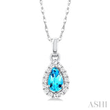 5x3 MM Pear Shape Blue Topaz and 1/20 Ctw Single Cut Diamond Halo Semi-Precious Pendant with Chain in 14K White Gold