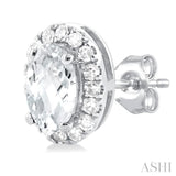 5x3 MM Oval Shape White Topaz and 1/8 Ctw Single Cut Diamond Halo Semi-Precious Stud Earrings in 10K White Gold