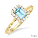 6x4 MM Octagonal Shape Aquamarine and 1/6 Ctw Round Cut Diamond Halo Semi-Precious Ring in 14K Yellow Gold