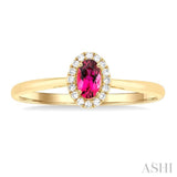 5x3 MM Oval Shape Pink Tourmaline and 1/20 Ctw Single Cut Diamond Halo Semi-Precious Ring in 14K Yellow Gold
