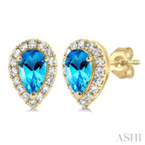 5x3 MM Pear Shape Blue Topaz and 1/8 Ctw Single Cut Diamond Halo Semi-Precious Stud Earrings in 10K Yellow Gold