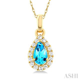5x3 MM Pear Shape Blue Topaz and 1/20 Ctw Single Cut Diamond Halo Semi-Precious Pendant with Chain in 14K Yellow Gold