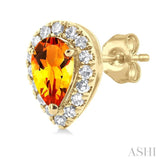 5x3 MM Pear Shape Citrine and 1/8 Ctw Single Cut Diamond Halo Semi-Precious Stud Earrings in 14K Yellow Gold