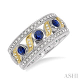 3 MM Diamond cut Round Sapphire and 1/6 Ctw Round Cut Diamond Precious Fashion Band in 14K White and Yellow Gold