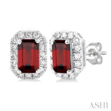 5x3 MM Octagonal Shape Garnet and 1/8 Ctw Single Cut Diamond Halo Semi-Precious Stud Earrings in 10K White Gold