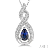 6x4 MM Entwined Pear Shape Sapphire and 1/10 Ctw Round Cut Diamond Precious Pendant With Chain in 10K White Gold