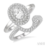 1 Ctw Round Cut Diamond Wedding Set With 3/4 ct Oval Cut Engagement Ring and 1/5 ct Curved Wedding Band in 14K White Gold