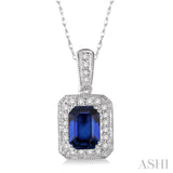 6x4  MM Emerald Shape Sapphire and 1/5 Ctw Round Cut Diamond Pendant in 14K White Gold with Chain