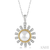 1/8 Ctw Sunflower 7x7 MM Cultured Pearl & Round Cut Diamond Pendant With Chain in 10K White and Yellow Gold