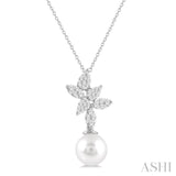 1/2 ctw Lovebright 9X9MM Cultured Pearl and Round Cut Diamond Fashion Pendant With Chain in 14K White Gold