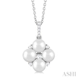 1/10 ctw Floral 5x5 MM Cultured Pearls and Round Cut Diamond Fashion Pendant With Chain in 10K White Gold