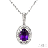 7X5 MM Oval Shape Amethyst and 1/50 Ctw Single Cut Diamond Semi-precious Pendant With Chain in Sterling Silver